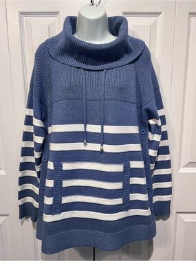 Jac Dale Blue/White Striped Cowl‎ Neck Tunic Style Sweater Size XL